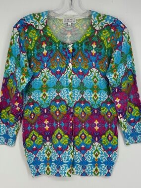 Joseph A. Womens Small XS Button Up Cardigan Sweater Bold Multicolor 3/4 Sleeves